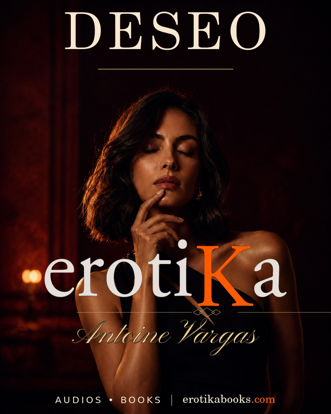 Mujer con los ojos cerrados y un dedo sobre el labio inferior bajo una luz cinematográfica color vino y la palabra Deseo.