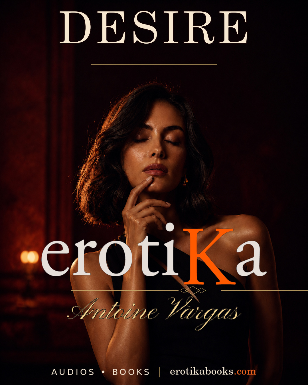 Woman with closed eyes and one finger on her lower lip in dramatic burgundy light beneath the word Desire.